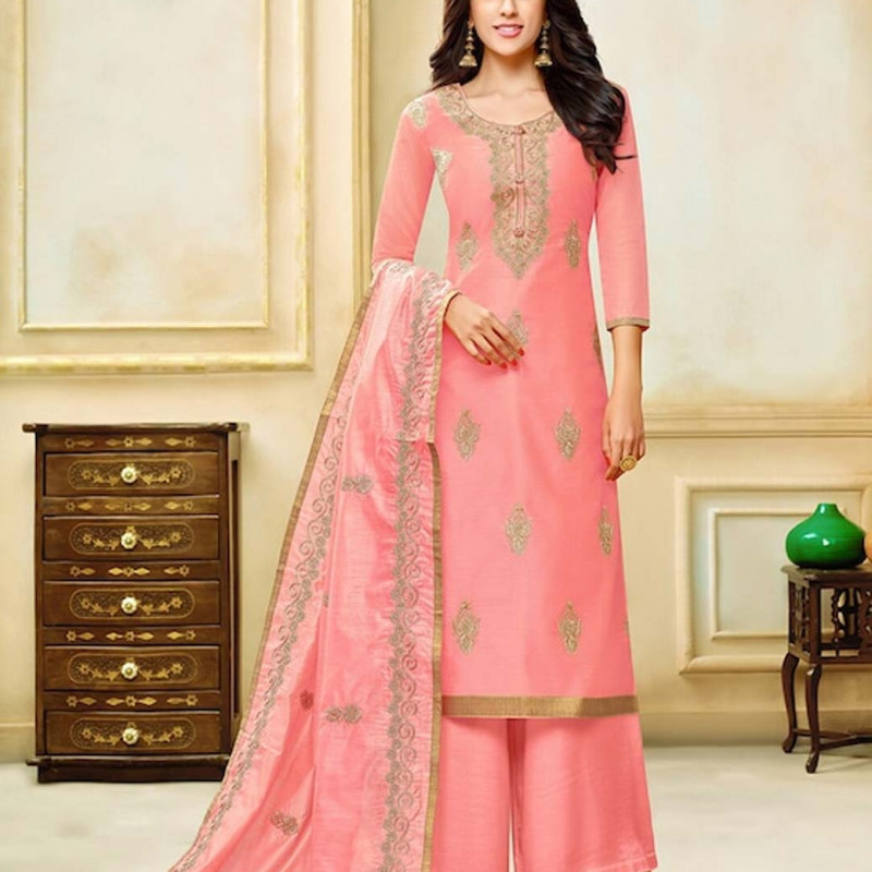 Gold-toned embroidered unstitched dress material 