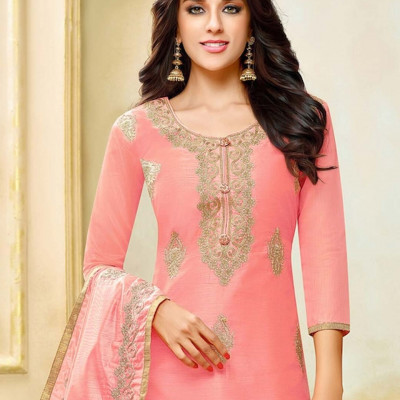 Gold-toned embroidered unstitched dress material 